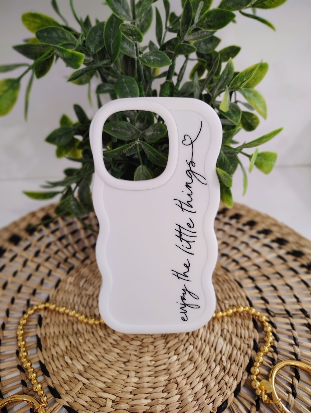 White IPhone 15 Pro Case with Script Quote - "Enjoy the Little Things"